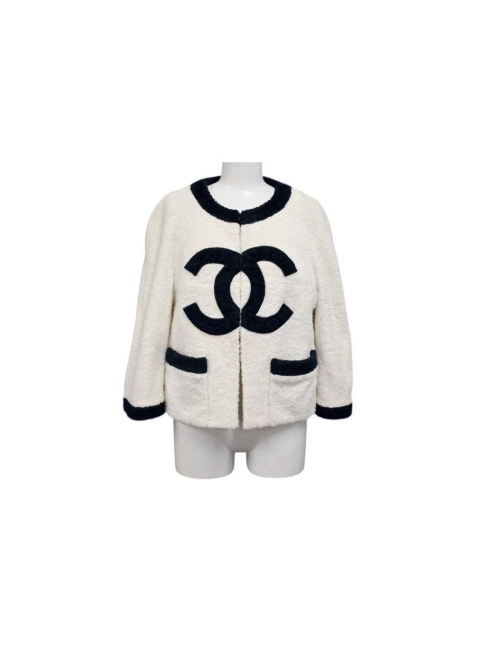 Chanel Vintage Terry Cloth Collarless Jacket CC Logo Pile Off White Black
